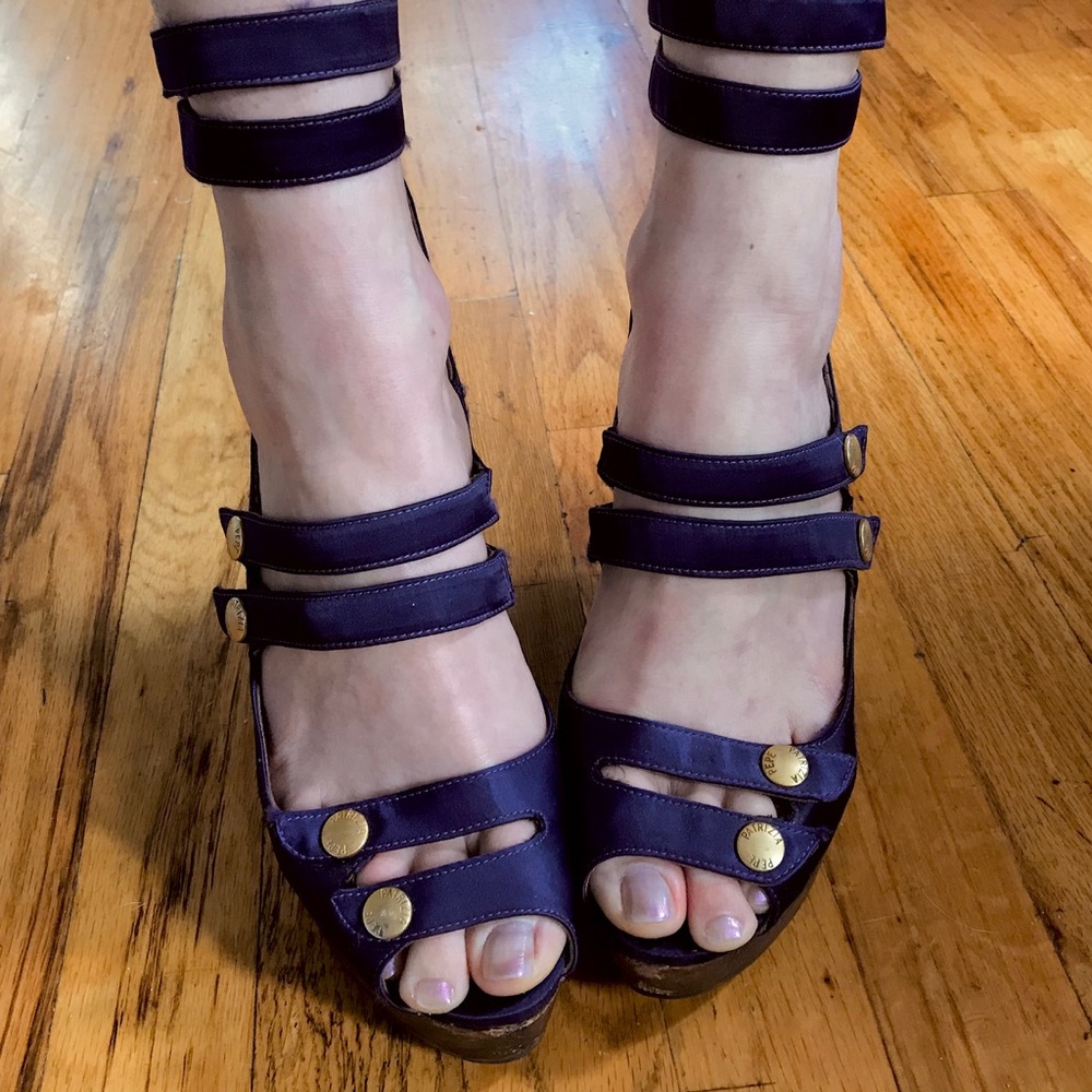 PATRIZIA PEPE purple satin platform wedges